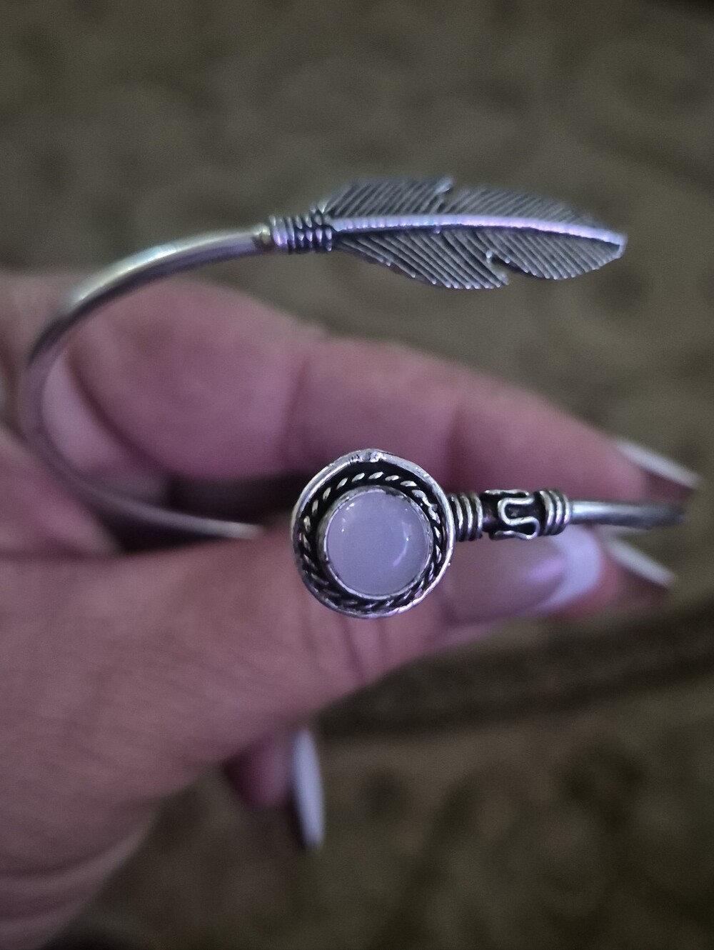 Silver Plated Feather Cuff Bracelet with Pale Pink Rose Quartz Stone
